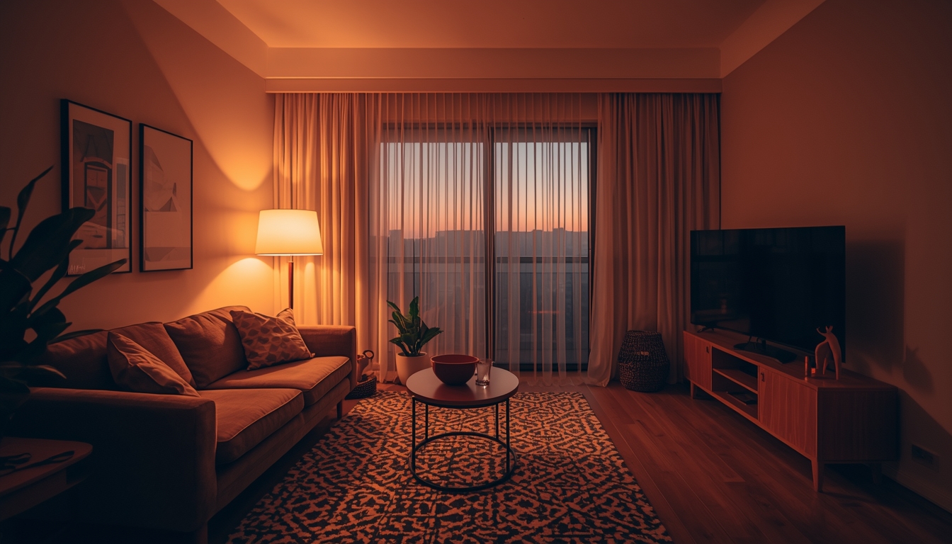 Warm living room with soft lamp light suited to a calm evening routine